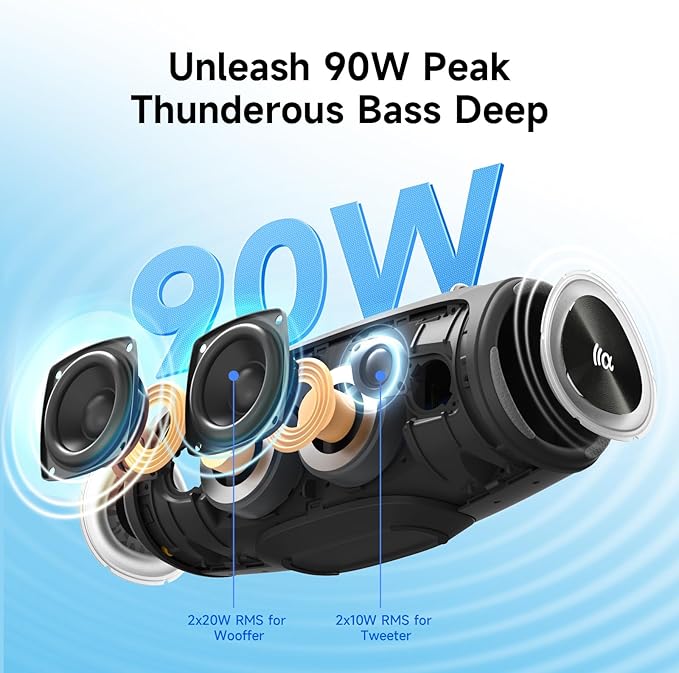 TAZATA Portable Bluetooth Speaker 60W RMS,90W Peak Loud Subwoofer Wireless Stereo with HD Sound,8H Playtime IPX7 Waterproof for Party cmaping Beach