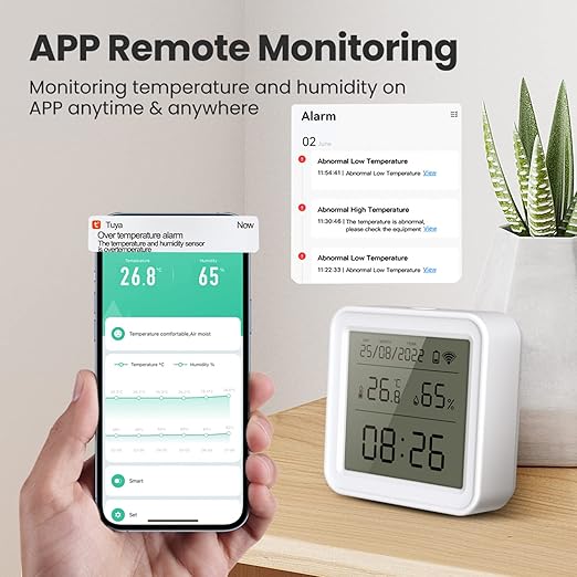 WiFi Thermometer Hygrometer: Digital Indoor Temperature Humidity Monitor with App Notification Alert, Free Data Storage Export, Backlit LCD Screen, Smart Temperature Sensor Compatible with Alexa
