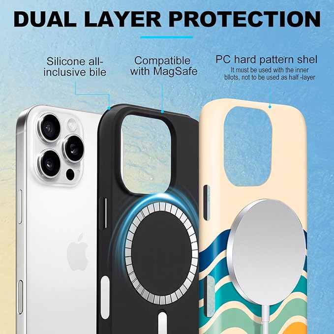 Magnetic for iPhone 13/14 Case Cute Stripes Phone Case, Shockproof Slim TPU and Hard PC Protective Phone Cover Compatible with MagSafe Designed for Women Girls,Retro Wave