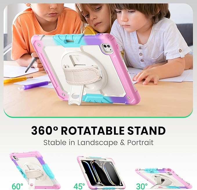 SEYMAC Case for iPad Pro 13 Inch M5 2025 / M4 2024, Heavy Duty Shockproof Protective Case with Screen Protector, 360° Rotating Stand, Hand/Shoulder Strap and Pen Holder, Colorful/Pink
