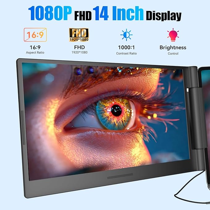 Funhill Laptop Screen Extender 14 inch Laptop Monitor Extender 1080P IPS, Triple Portable Monitor for Laptops 13-17.3" with Display/HDMI Port, Plug-Play Portable Screen for Windows/Chrome/Android