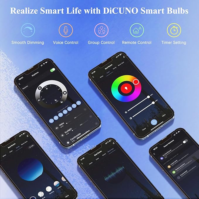 DiCUNO Smart Light Bulbs, Full Color Changing Bulb, Compatible with Alexa, Google Assistant, No Hub Required, RGBCW Multicolor Dimmable Smart LED WiFi Bluetooth A19 E26 9W 800LM Lights, 4-Pack