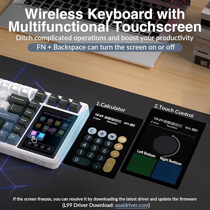 Aula L99 Wireless Mechanical Keyboard with Smart Touch Screen,Tri-Mode Hot Swappable Custom Gaming Keyboard,RGB Backlit,PBT Keycap,Gasket Mount Creamy Sounding Computer Keyboards for Office PC,84 Keys