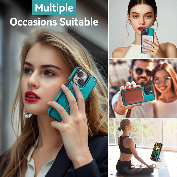 for iPhone 15 Case with Stand, Compatible with Magsafe, Slim Thin PU Leather & Durable TPU Drop Proof Magnetic Protective Phone Cover with Tempered Glass Screen Protector 6.1", Turquoise