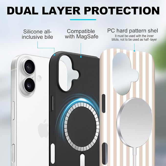 Magnetic for iPhone 17 Case Cute Stripes Phone Case, Shockproof Slim TPU and Hard PC Protective Phone Cover Compatible with MagSafe Designed for Women Girls, Apricot