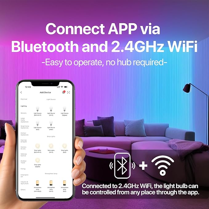 ORALUCE Smart Light Bulbs, WiFi＆Bluetooth E12 Smart Bulbs That Work with Alexa Google Home Compatible, 40W Equivalent Type B LED Light Bulb, RGBCW 2700-6500K Color Changing, 5W 450LM, 4Pack, (C37-5W)