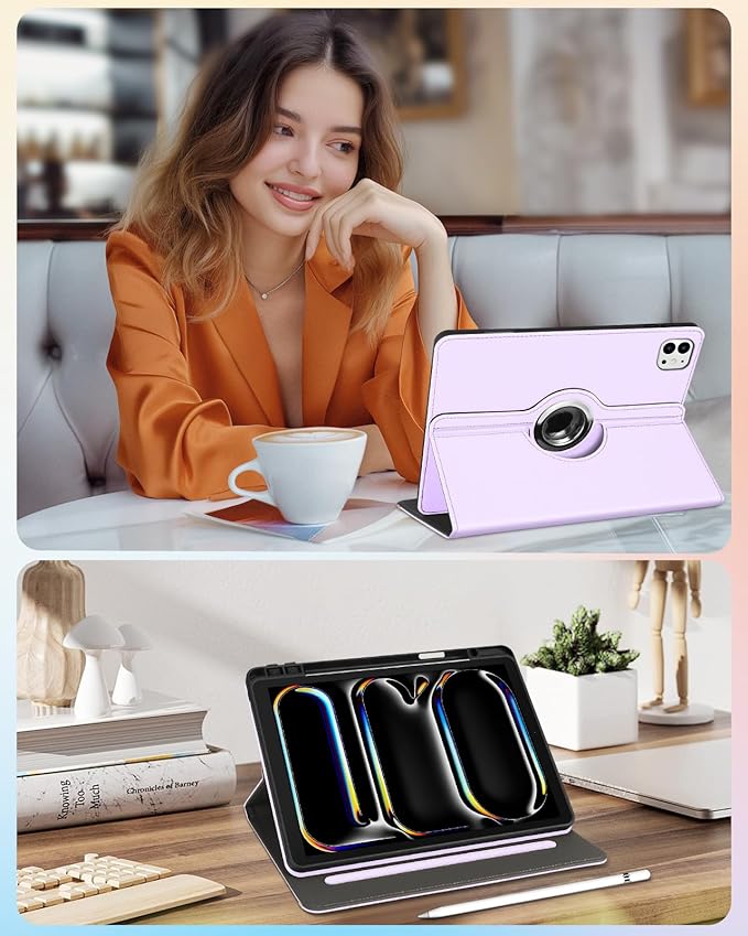 Kidcube for iPad Pro 13 Inch Case M4 2024 - Women Girls Cute Rotating Stand Folio Cover with Pencil Holder & Card Slot Girly Kawaii Cat Unique Design for iPad Pro 13 Inch Case 2024 (A2925 A2926 A3007)