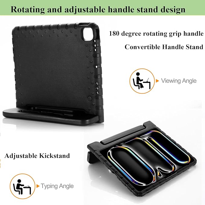 for iPad Air 13-inch Case M3/M2 (2025/2024) for Kids with Pencil Holder/Kickstand, Anti-Slip Handle Stand Lightweight Soft EVA Foam Shockproof Rugged Bumper Tablet Protective Cover, Black