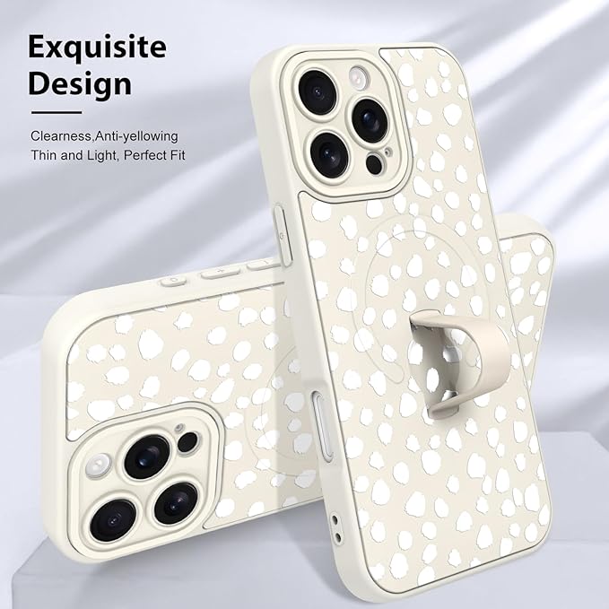 KANGHAR Compatible with iPhone 16 Pro Max Case, Support for MagSafe, Silicone Speck Leopard Cute Pattern, Wristband Kickstand Camera Protection Soft Slim Cover for Girls Women -White