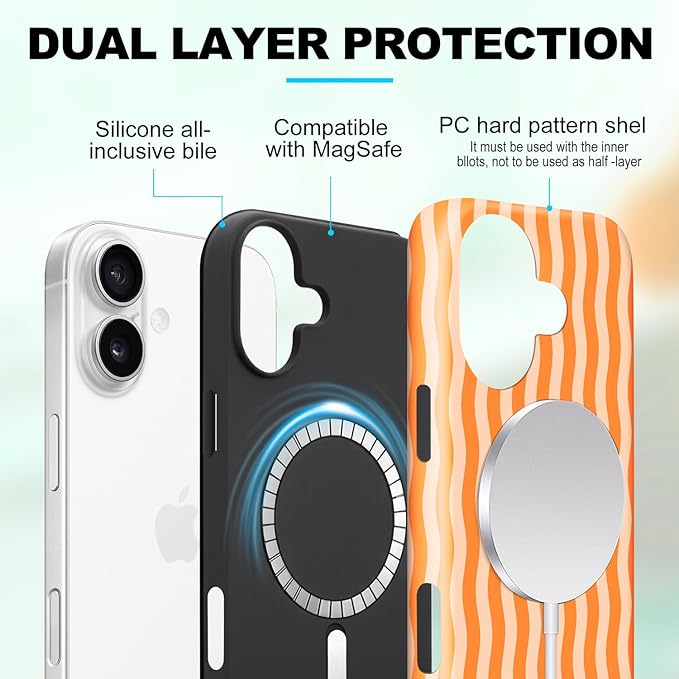 Magnetic for iPhone 16 Plus Case Cute Wavy Stripes Phone Case, Shockproof Slim TPU and Hard PC Protective Phone Cover Compatible with MagSafe Designed for Women Girls, Orange