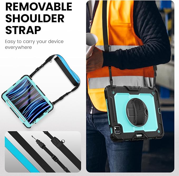 Timecity Case for iPad Pro 11 inch 2022/2021 (4th/ 3rd Generation), Shockproof with Screen Protector, Swivel Stand, Handle, Shoulder Strap, Pencil Holder Case for iPad Pro 11 Inch- Light Blue