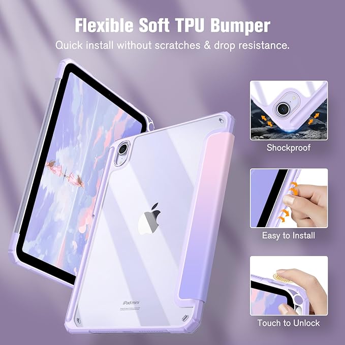 Fintie Hybrid Slim Case for iPad Mini 7 (A17 Pro, 7th Generation) 2024 / iPad Mini 6 (6th Gen) 8.3 Inch, [Built-in Pencil Holder] Shockproof Cover Clear Transparent Back Shell, Fantasy Ombre