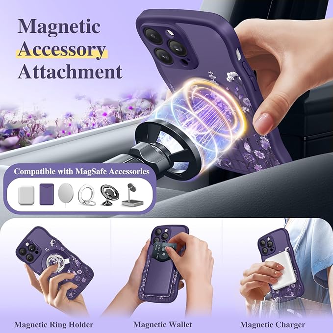 GVIEWIN for iPhone 14 Pro Case Compatible with MagSafe [Curly Wave Edge][Full Camera Protection] Floral Translucent Shockproof Magnetic Women Phone Case for 14 Pro, Floratopia/Deep Purple