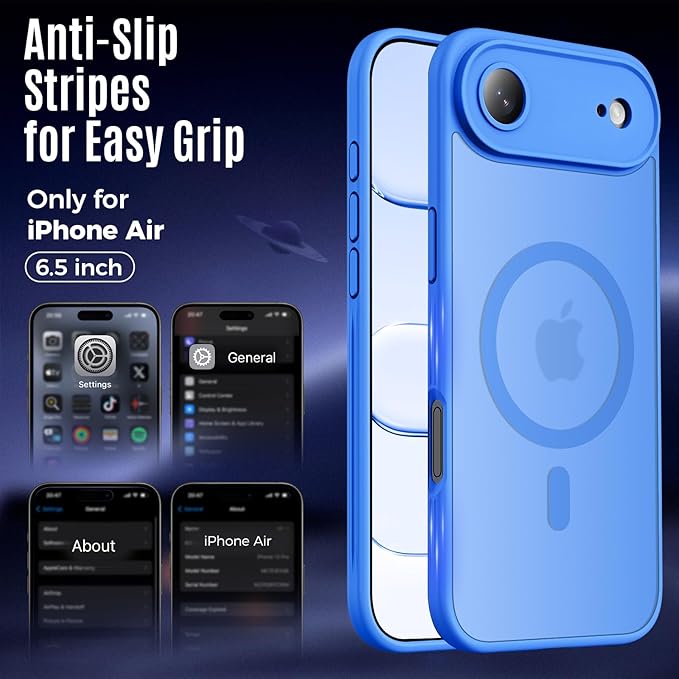 Symcele Designed for iPhone Air Case, Compatible with MagSafe, [Camera Protection] [15FT Military Drop Protection] Shockproof Translucent Matte Anti-Slip Thin Slim Phone Case, 6.5", Blue