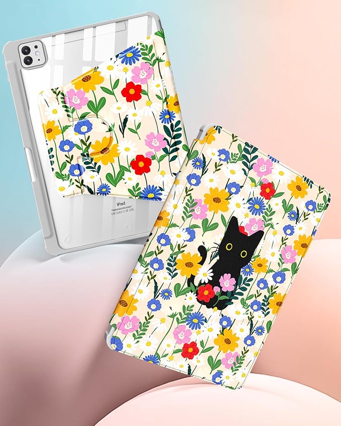 Uppuppy for iPad Pro M4/M5 Case 11 inch - 360 Degree Rotating Stand Folio Smart Cover with Pencil Holder for Women Girls, Cat and Flowers for iPad Pro 11 inch Case 2024 M4/2025 M5
