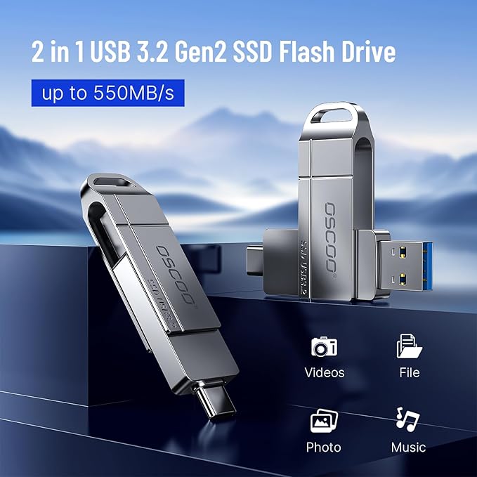 128GB SSD USB Flash Drive, Up to 550MB/s–USB 3.2 Gen1 Thumb Drive, Dual USB-C & USB-A Ports, Compatible with iPhone 15/16/17, Android Phones, Mac – Photo & Video Backup