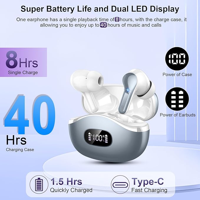 Wireless Earbuds, 48Hrs 2026 Bluetooth Headphones, Hi-Fi Stereo Deep Bass Ear Buds, ENC Noise Cancelling Mic, Clear Calls, IP-X7 Waterproof, USB Sport Earphones in Ear for Phones Laptop Pad, Gray