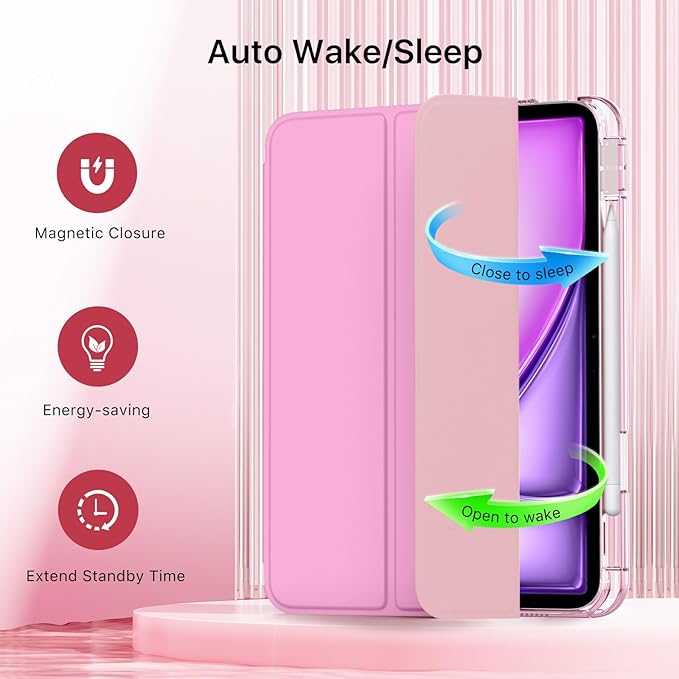 MoKo for iPad Air 11 inch Case (M4/M3/M2) 2026/2025/2024, iPad Air 5th/4th Gen 10.9 inch Case 2022/2020 with Pencil Holder, Slim Light Trifold Cover with Hard PC Translucent Back Shell, Pink