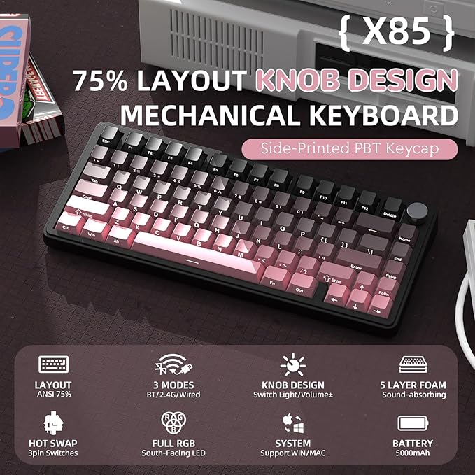 Yindiao X85 Wireless Mechanical Keyboard, TKL 82 Keys Bluetooth 5.0/2.4GHz/USB-C Hot Swappable Custom Keyboard, Knob, Gasket Structure, RGB Backlit Gaming Keyboard for PC/Mac/PS4/Xbox (Blackpink)
