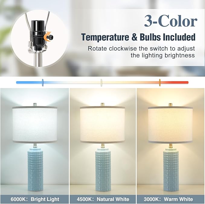 Luvkczc 24.8" Modern Ceramic Bedside Lamps Set of 2, Adjustable Color Temperature & Bulbs Included - Nightstand Lamps for Bedroom, Living Room, Office, Entryway Decor