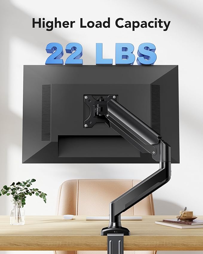 HUANUO Single Monitor Arm 13-34 Inch, Adjustable Gas Spring Arm, Monitor Desk Mount for 4.4-22lbs, VESA 75/100mm with C-Clamp/Grommet Base, Ergonomic Stand for Work/Gaming