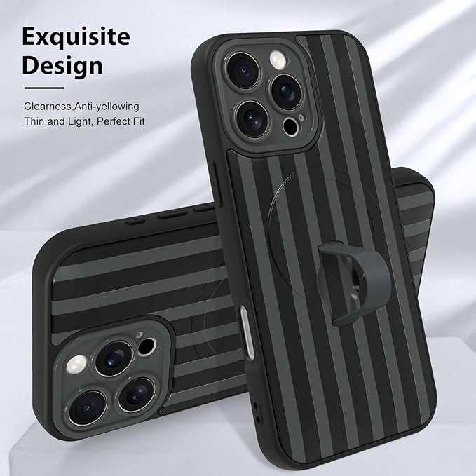 KANGHAR Compatible with iPhone 16 Pro Case, Support for MagSafe, Silicone Stripes Cute Pattern, Wristband Kickstand Camera Protection Soft Slim Cover for Girls Women -Black