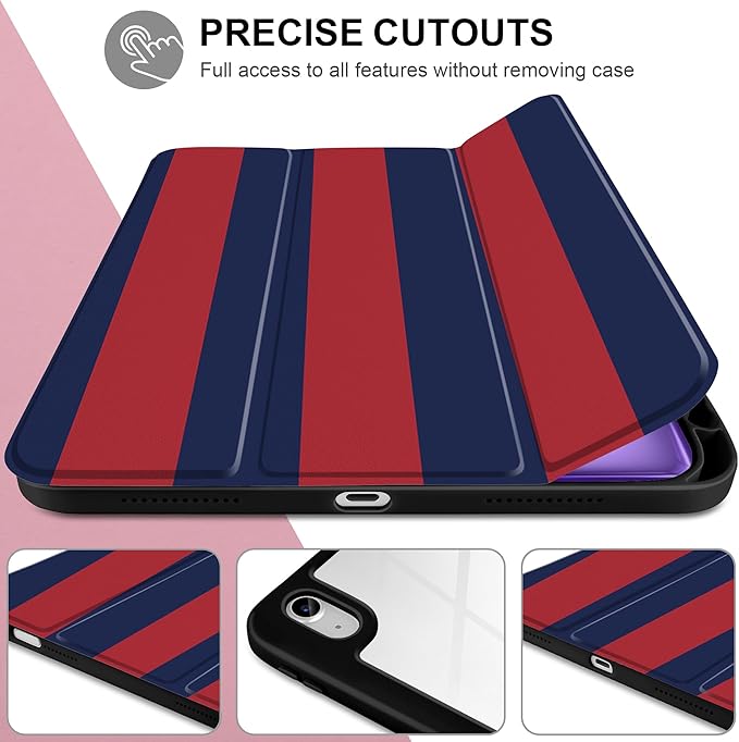 Case for iPad Air 11 inch M4 2026 M3 2025 M2 2024 Release with Pencil Holder Clear Back Shell Lightweight Shockproof TPU Edge Trifold Stand Auto Wake Sleep Cute Cover, Red Navy Stripes