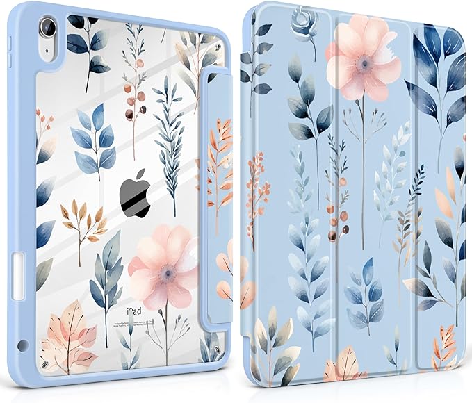 Case for iPad Air 13 inch 2026 M4 2025 M3 2024 M2 Release Slim Lightweight Shockproof Cute Blue Cover with Clear Back TPU Edge Pencil Holder Trifold Stand Auto Wake Sleep, Hand-Drawn Leaves
