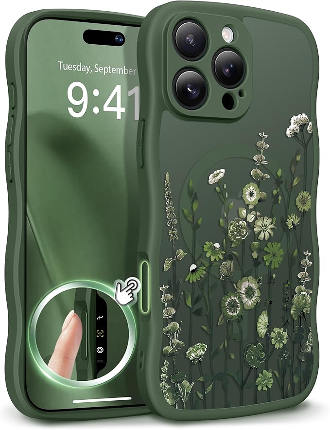 GVIEWIN for iPhone 16 Pro Max Case Compatible with MagSafe [Curly Wave Edge][Full Camera Protection] Floral Translucent Shockproof Magnetic Women Phone Case for 16 Pro Max, Floratopia/Forest Green