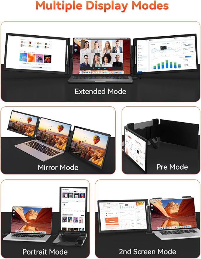 HotYeah Laptop Screen Extender, One Cable Connection (Windows & Mac), 14" 1080P Dual Portable Monitor, USB-C HDMI Wireless Travel Extended Display Triple Screen Monitor for 12-16.5" Laptop