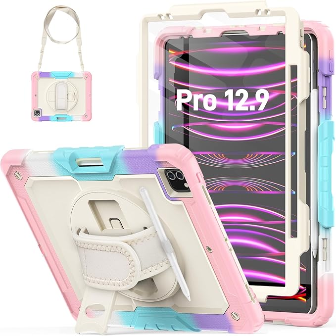 HXCASEAC Case for iPad Pro 12.9 Case (6th 5th 4th 3rd Generation), Shockproof Design | Pencil Holder | Hand Strap | Screen Protector | Heavy Duty Protective iPad 12.9 inch 2022/2021/2020/2018 - Pink