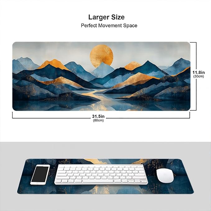 Abstract Mountains Desk Mat Golden Blue Vintage Golden Sun XL Mouse Pad Large Mousepad Extended Laptop Keyboard Mat Gaming Desk Pad Mouse Mat 31.5"x11.8" Office Computer Keyboard Laptop Home