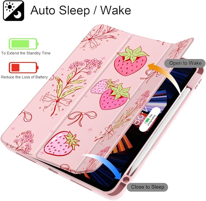 May Chen for iPad Pro 13 Inch Case M5 2025 / M4 2024, Built Pencil Holder & Clear Transparent Print Back Shell Slim Stand Shockproof Tablet Cover, Auto Wake/Sleep, Strawberry Bow