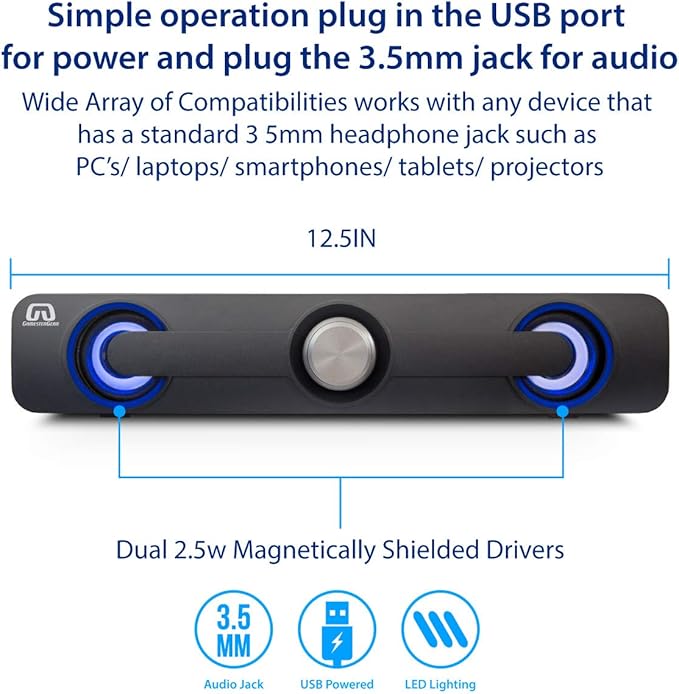 GamesterGear Desktop Compact USB Powered Wired Multimedia Mini Stereo Sound Bar 3.5mm Audio Jack Blue LED 2.5 Watts Speaker