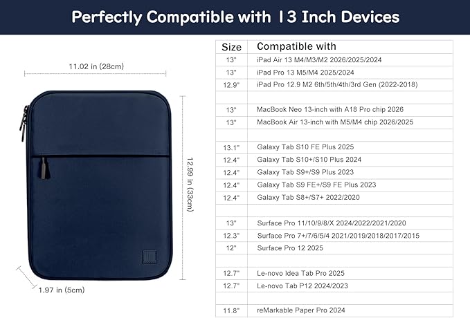Dadanism 13 Inch Tablet Sleeve Padded Carrying Case for New iPad Air 13" M4/M3 2026/2025, iPad Pro 13" M5/M4 2025/2024, Galaxy Tab S10+/S9 FE+/S9+ 12.4", Remarkable Paper Pro 11.8", Indigo
