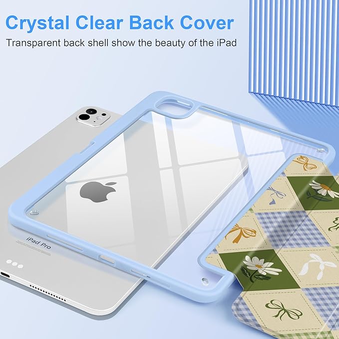 TWOLSKOO Case for iPad Pro 11-inch (M5 2025 / M4 2024), Clear Acrylic Back with TPU Bumper, Pencil Holder, Trifold Stand, Auto Sleep/Wake, Patchwork Bows