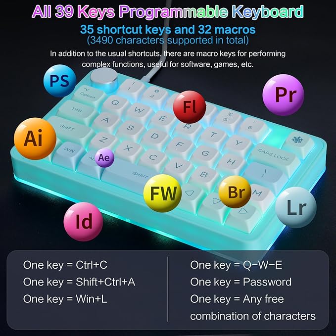 Koolertron Single-Handed Macro Mechanical Keyboard, RGB LED Backlit Portable Mini One-Handed Mechanical Gaming Keypad 39 Fully Programmable Keys (39 Keyboard Blue)