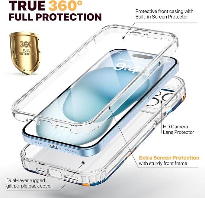 Diaclara Designed for iPhone 15 Plus Case 6.7 Inch, Full Body Rugged Case with Built-in Touch Sensitive Anti-Scratch Screen Protector + Glass Camera Lens Protector for iPhone 15 Plus,Water Blue