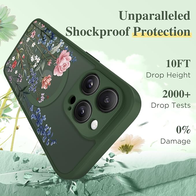 GVIEWIN for iPhone 16 Pro Case Compatible with MagSafe, [Military Grade Protection] [Screen Protector] Full Camera Protection Floral Translucent Women Magnetic Phone Case, Lush Garden/Forest Green