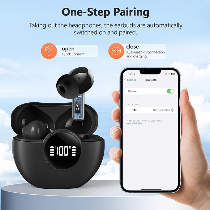 Wireless Earbuds 2025 NEW Bluetooth 5.4 Headphones Bass 3D Stereo, In-Ear Earphones with 4 ENC Noise Cancelling Mic, 48H Playtime with LED Display, IPX7 Waterproof for Laptop Pad Android iOS, Black