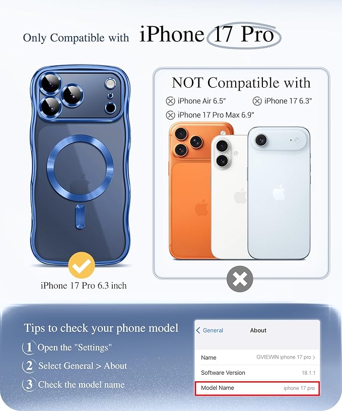 GVIEWIN for iPhone 17 Pro Case Compatible with MagSafe, Upgraded [Full Camera Protection][Cute Wave Frame][Military Grade Protection] Electroplated Hard Phone Cover for Women Girl, Clear/Blue