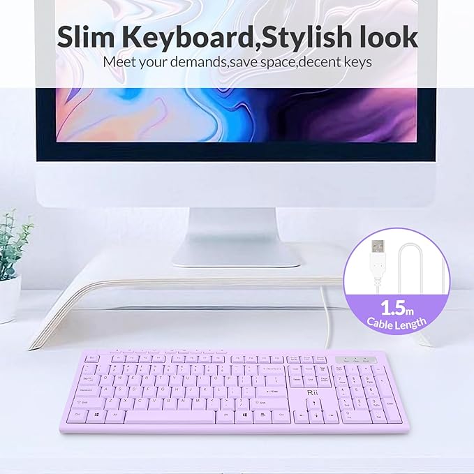 Rii RK907 Ultra-Slim Compact USB Wired Keyboard for Mac and PC,Windows 10/8 / 7 / Vista/XP(Purple)