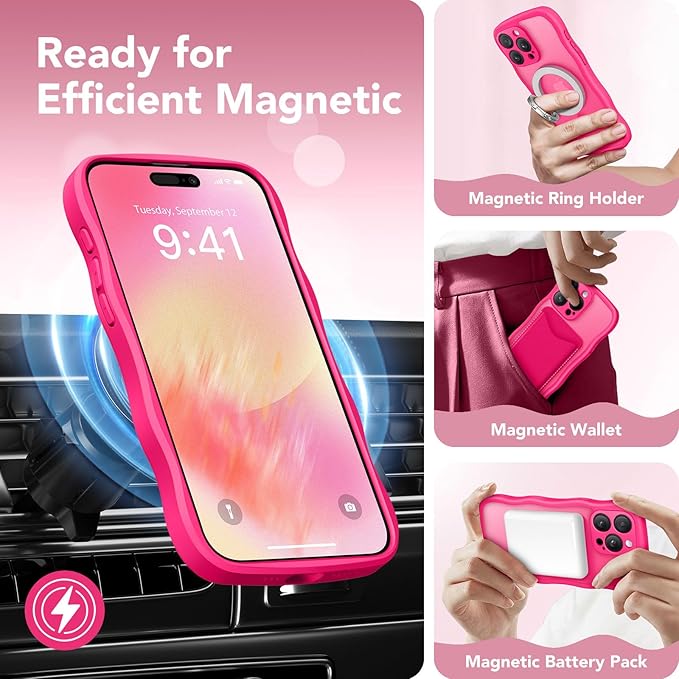 CAPRARO Cute for iPhone 15 Pro Case, Compatible with MagSafe, [Curly Wave Edge] [Full Camera Protection] [14 FT Drop Protection] Magnetic Phone Case for 15 Pro 6.1 Inch, Hot Pink