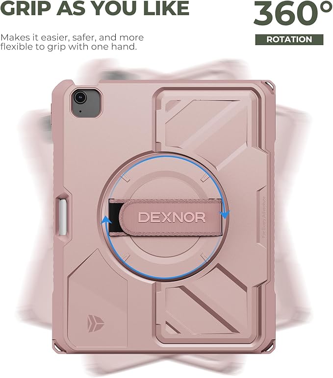 Dexnor Case for iPad Air 13 inch M4/M3/M2 (2026/2025/2024), Rugged Protective Case with 360° Rotating Hand Strap& Steady Stand& Screen Protector& Pencil Holder Shockproof Full-Body Bumper Cover, Pink