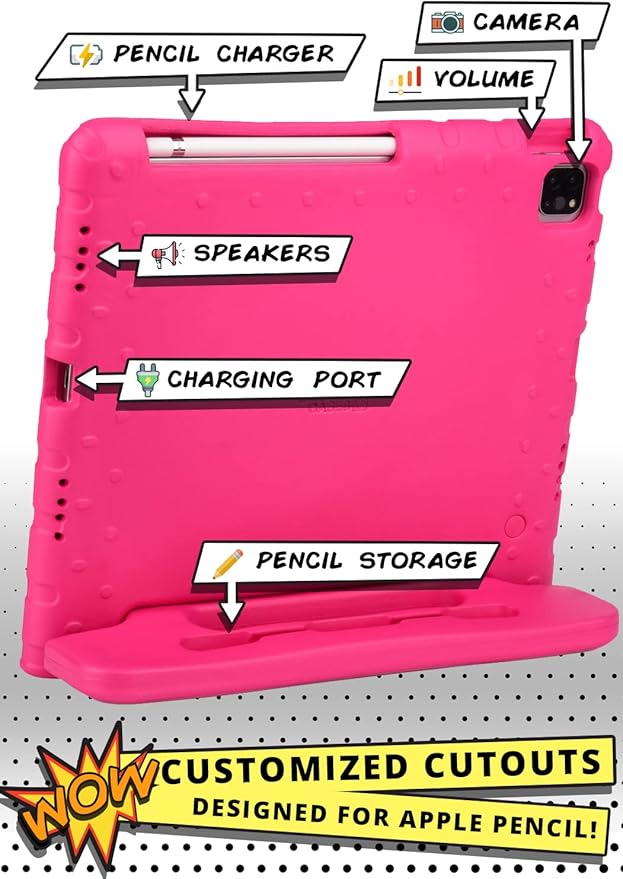 Cooper Dynamo iPad Pro 12.9 Case for Kids for iPad Pro 12.9 6th Generation Case (2022), Also Fits 5th-4th-3rd Gen (2021, 2020, 2018) | Rugged Foam, Magic Handle, Stand, Pencil Holder (Pink)
