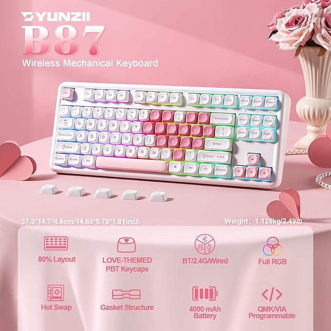 YUNZII B87 Wireless Mechanical Keyboard,QMK/VIA Programmable,TKL Layout 87 Keys,BT/2.4G/USB-C,Hot Swap Gasket Mount RGB Backlit Gaming with Wrist Rest for Win/Mac (White Heart, Cocoa Cream V2)