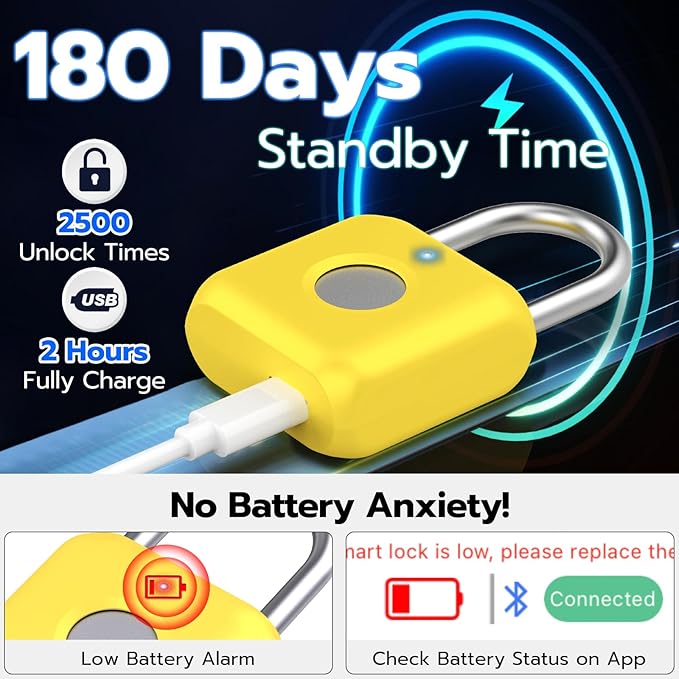Fingerprint Padlock,Smart Padlock APP Control,Fingerprint Locker Lock,Gym Lock USB Rechargeable for Gym Locker,Locker, School,Storage Yellow