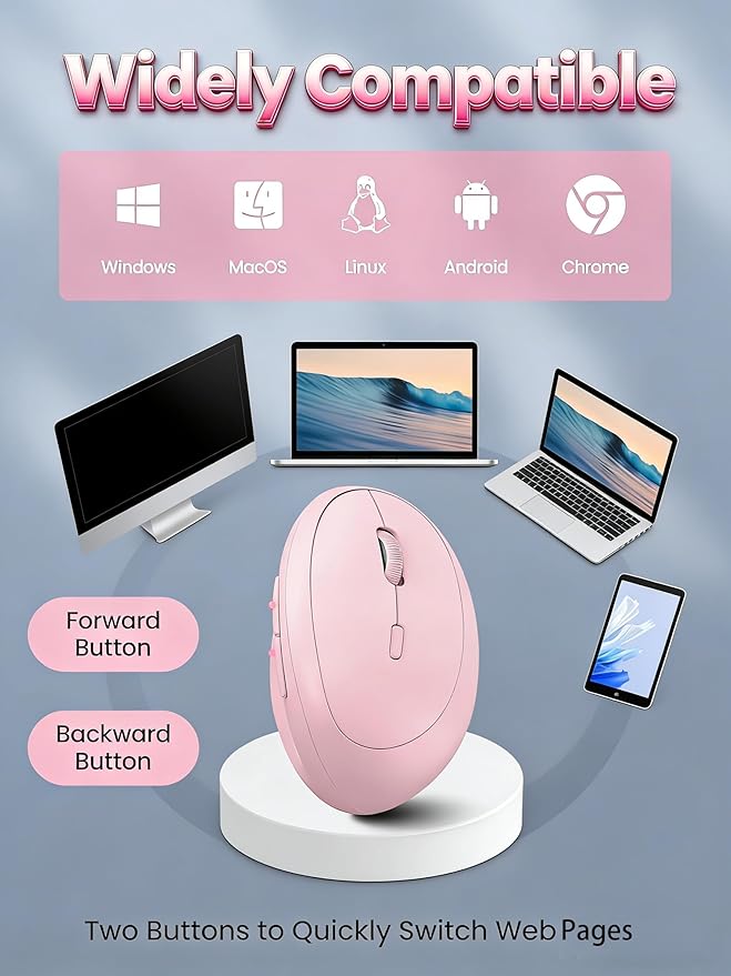 Ergonomic Mouse, Bluetooth Wireless Vertical Mouse, Rechargeable Battery, Quiet Clicks, DPI Adjustable, BT5.0/3.0 & 2.4G Connect, Easy to use, Wide Compatibility (Pink)