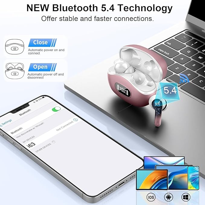 Wireless Earbuds, Bluetooth Headphones 5.4 HiFi Stereo, Ear Buds with 4 ENC Noise Cancelling Mics, 48H Bluetooth Earbuds with Dual LED Display, IP7 Waterproof Earphones for Android iOS, Pink Gold