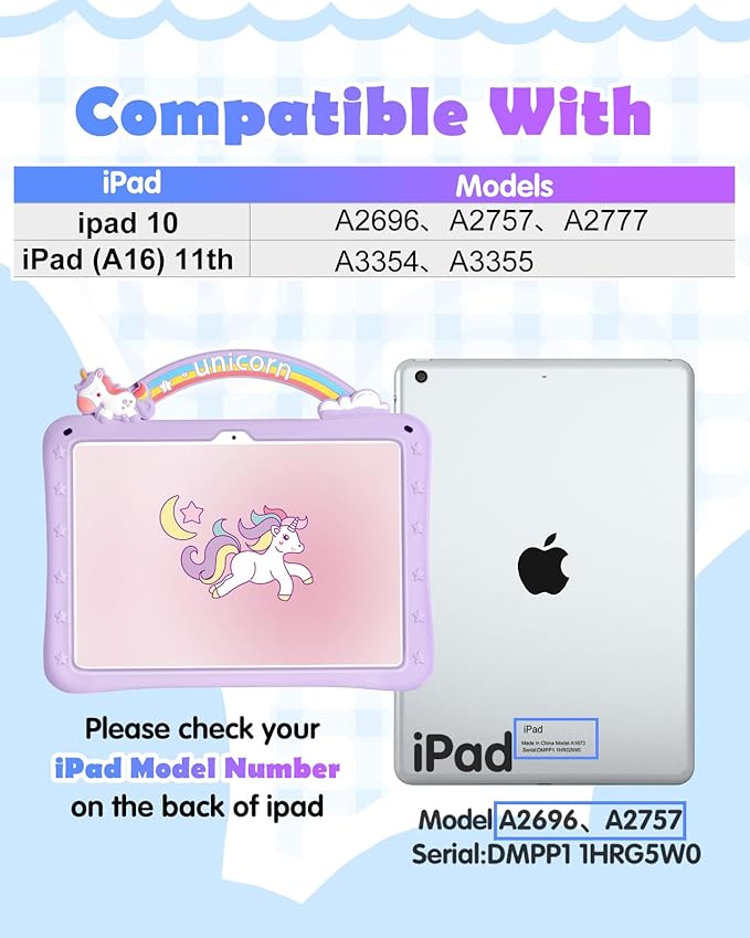Wazzasoft for iPad 10th Generation Case 10.9 Inch Girls Cute Girly Cartoon Kawaii Pretty Purple Design Cover with Stand & Strap Unique Women Teens Funda for Apple iPad 10th Gen 2022 A2696 A2757 A2777